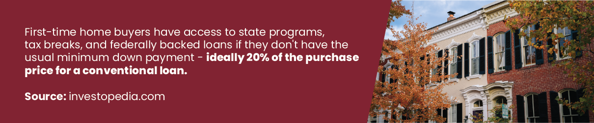 First time home buyers have access to state programs, tax breaks, and federally backed loans if they don't have the usual minimum down payment ideally 20% of the purchase for a conventional loan.