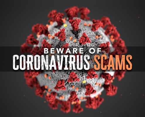 Picture of germ and text "beware of corona virus scams"