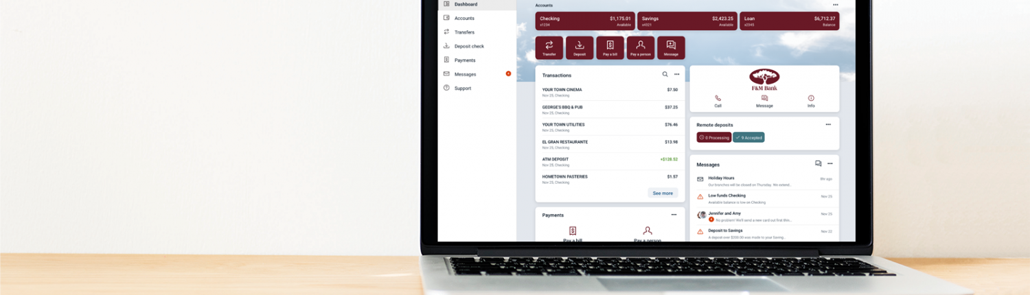 Online banking platform shown on desktop