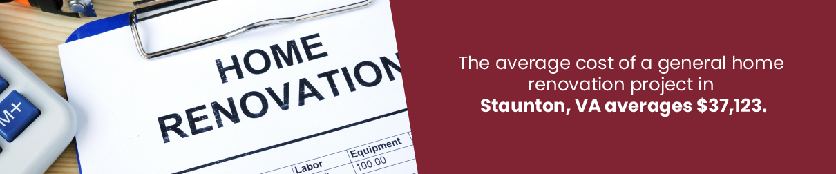 The average cost of a general home renovation project in Staunton, VA averages $37,123.