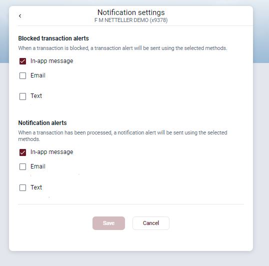 Card transaction notification settings