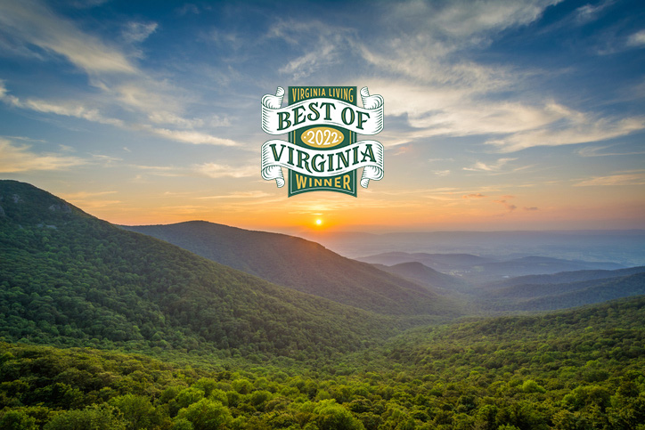 Scene of Blue Ridge Mountains at sunset with overlay of Best of VA graphic