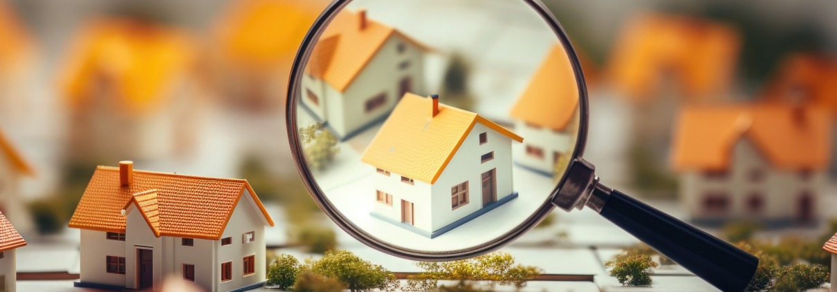 model houses through magnifying glass