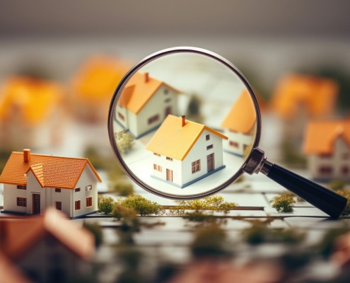 model houses through magnifying glass